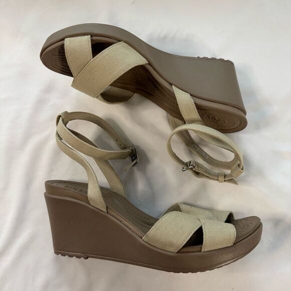 Crocs Leigh II Cross Strap Ankle Wedge Sandal Tan Beige Size 10 Open Toe Neutral - Picture 10 of 10